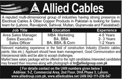 Allied Cables Pakistan Jobs 2017 November Sales Managers, Executives & Officers Latest
