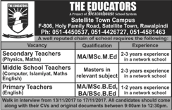 The Educators School Rawalpindi Jobs November 2017 Teachers at Satellite Town Campus Walk in Interview Latest