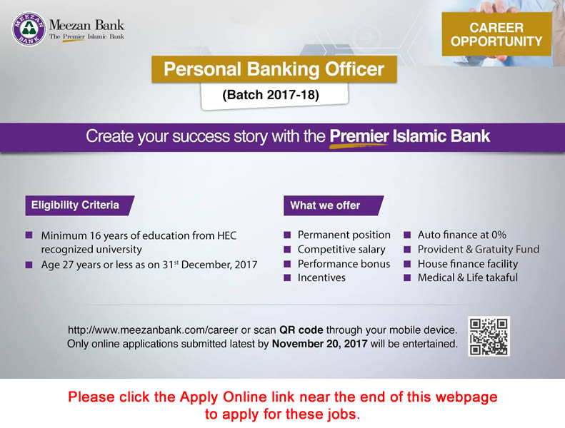 Personal Banking Officer Jobs in Meezan Bank November 2017 Apply Online Latest