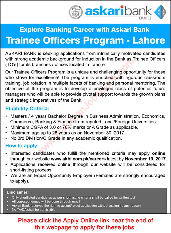 Askari Bank Jobs November 2017 Lahore Apply Online Trainee Officers Program Latest
