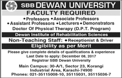 SBB Dewan University Karachi Jobs 2017 November / December Teaching Faculty & Others Latest