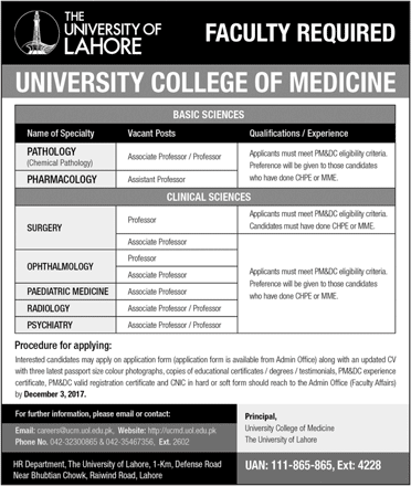 University of Lahore Jobs November 2017 December Teaching Faculty University College of Medicine Latest