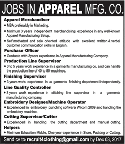 Apparel Manufacturing Company Jobs in Pakistan 2017 November / December Merchandiser & Others Latest