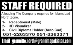 Tile Company Jobs in Islamabad November 2017 December Receptionist, 3D Visualizer & AutoCAD Operator Latest