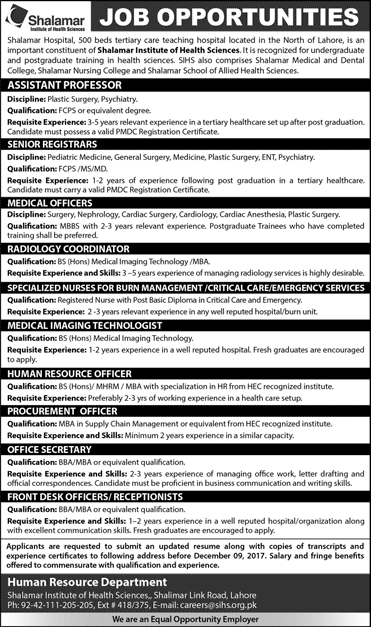 Shalamar Hospital Lahore Jobs December 2017 SIHS Teaching Faculty, Medical Officers, Nurses & Others Latest