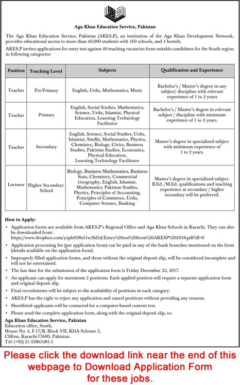 Aga Khan Education Service Pakistan Jobs December 2017 Teachers & Lecturers Application Form Latest