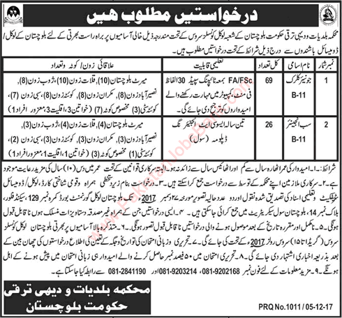 Local Government and Rural Development Department Balochistan Jobs 2017 December Clerks & Sub Engineers Latest