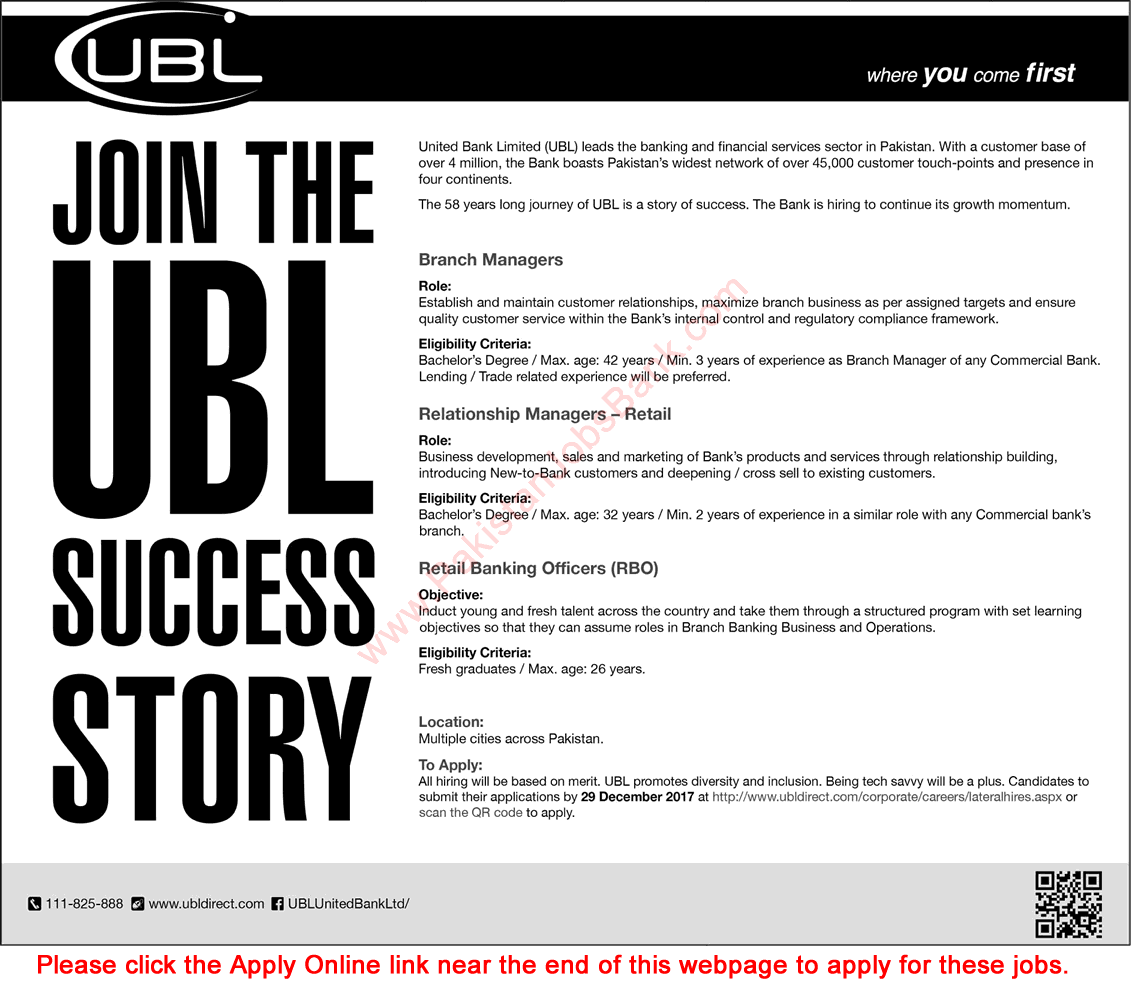UBL Jobs December 2017 Apply Online Branch / Relationship Managers & Retail Banking Officers Latest