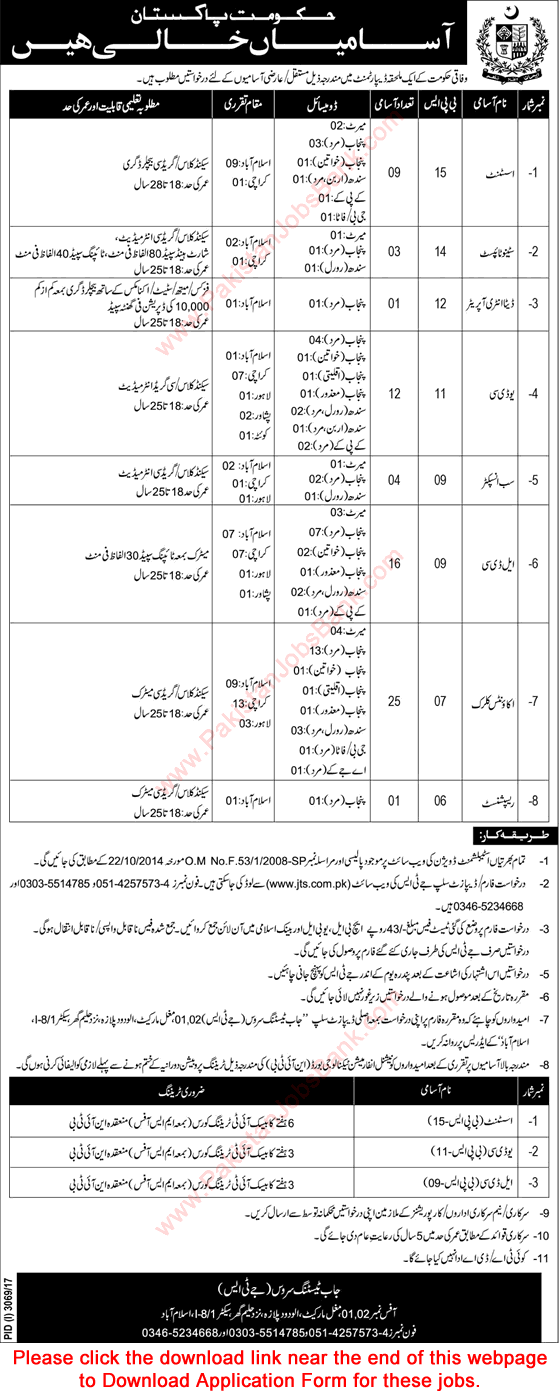 Federal Government Organization Jobs December 2017 JTS Application Form Clerks, Assistants & Others Latest