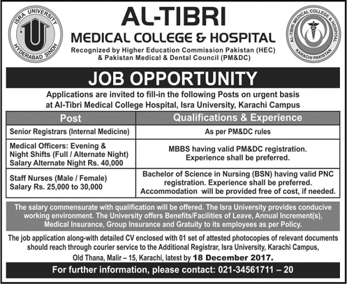 Al Tibri Medical College and Hospital Karachi Jobs December 2017 Medical Officers, Nurses & Senior Registrars Latest