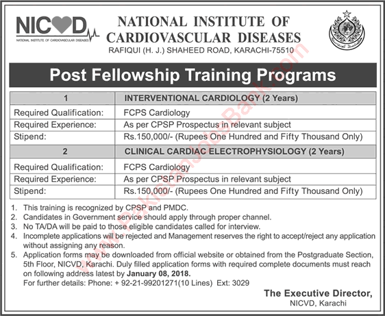 NICVD Jobs December 2018 Post Fellowship Training Program National Institute of Cardiovascular Diseases Latest