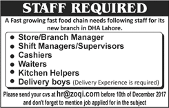 Fast Food Company Jobs in Lahore November 2017 December Waiters, Cashiers & Others Latest