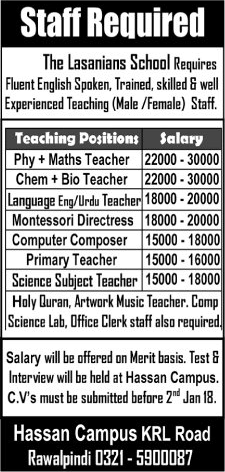 The Lasanians School Rawalpindi Jobs 2017 December 2018 Teacher Staff & Others Latest