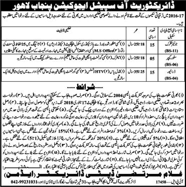 Special Education Department Punjab Jobs 2018 Lahore Clerks, Store Keepers & Drivers Latest
