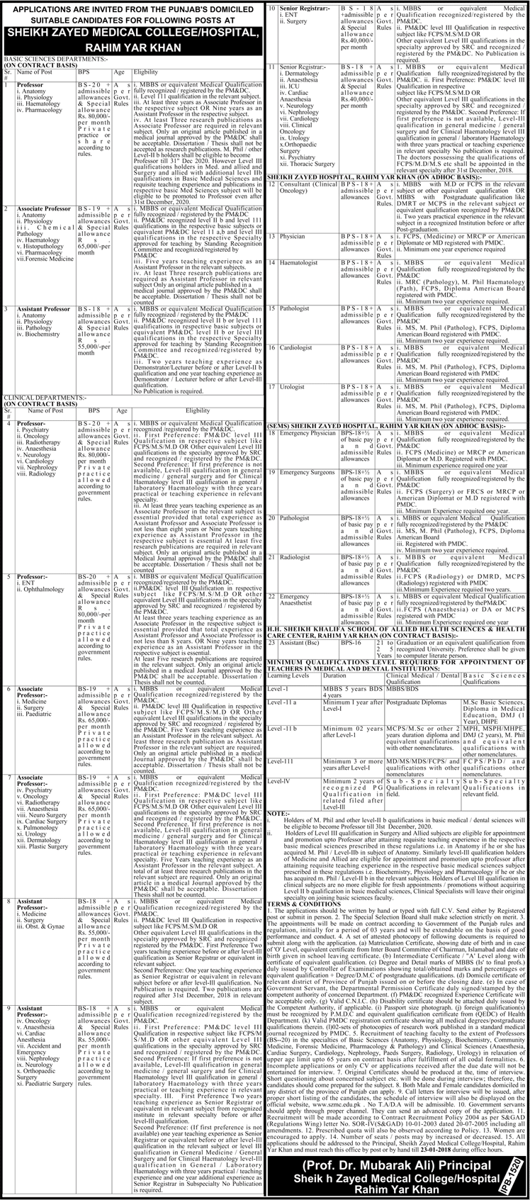 Sheikh Zayed Medical College / Hospital Rahim Yar Khan Jobs 2018 Teaching Faculty, Consultants & Others Latest