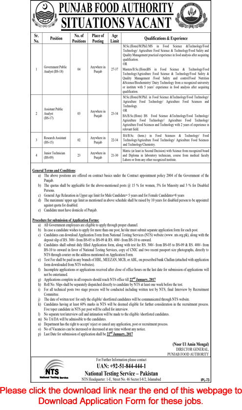 Punjab Food Authority Jobs 2018 NTS Application Form Junior / Lab Technicians & Others Latest