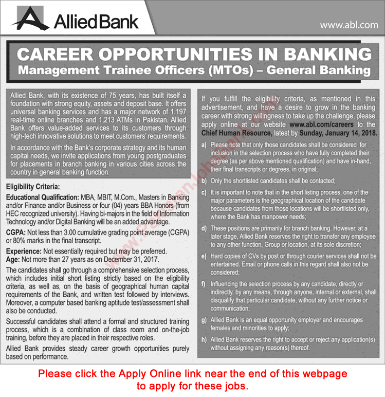 Allied Bank Jobs 2018 Apply Online Management Trainee Officers MTO ABL Latest