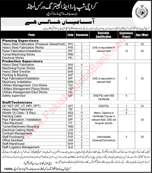 Karachi Shipyard and Engineering Works Jobs 2018 Planning / Production Supervisors & Others KSEW Latest
