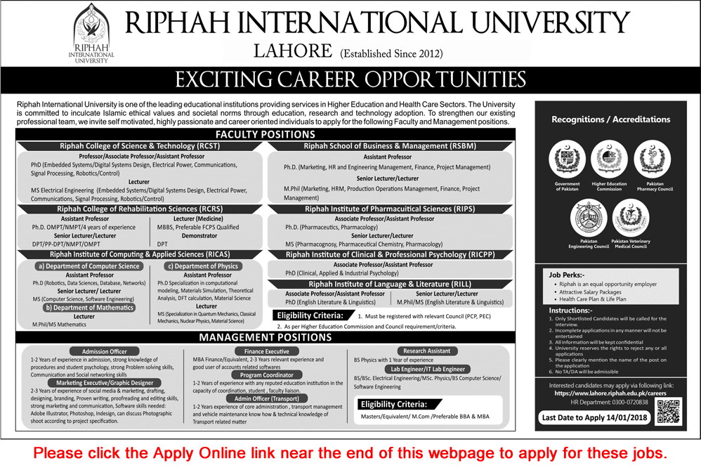Riphah International University Lahore Jobs 2018 Apply Online Teaching Faculty & Others Latest