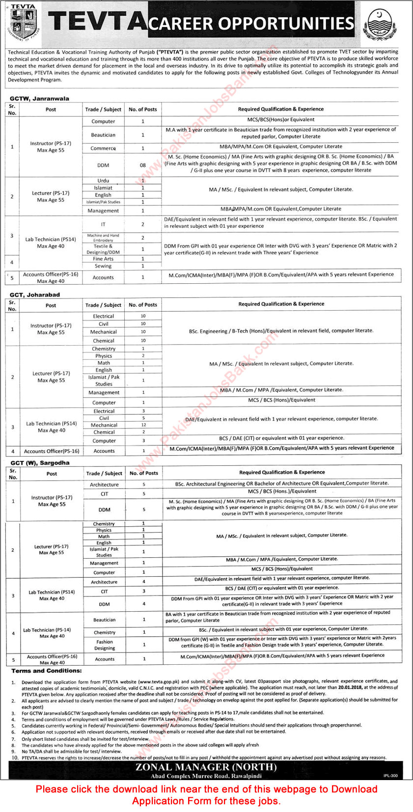 TEVTA Jobs 2018 January Application Form Instructors, Lecturers, Lab Technicians & Others Latest