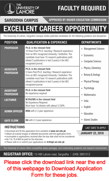 University of Lahore Sargodha Campus Jobs 2018 Application Form Teaching Faculty & Others Latest