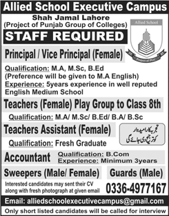 Allied School Lahore Jobs 2018 Executive Campus Teachers, Assistant, Principals & Others Latest