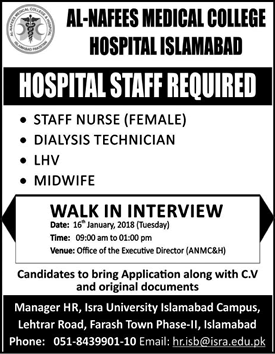 Al Nafees Medical College Hospital Islamabad Jobs 2018 Walk in Interview Nurses, Lady Health Visitor & Others Latest