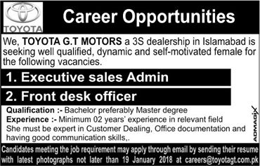 Toyota GT Motors Islamabad Jobs 2018 Sales Executive & Front Desk Officer Latest