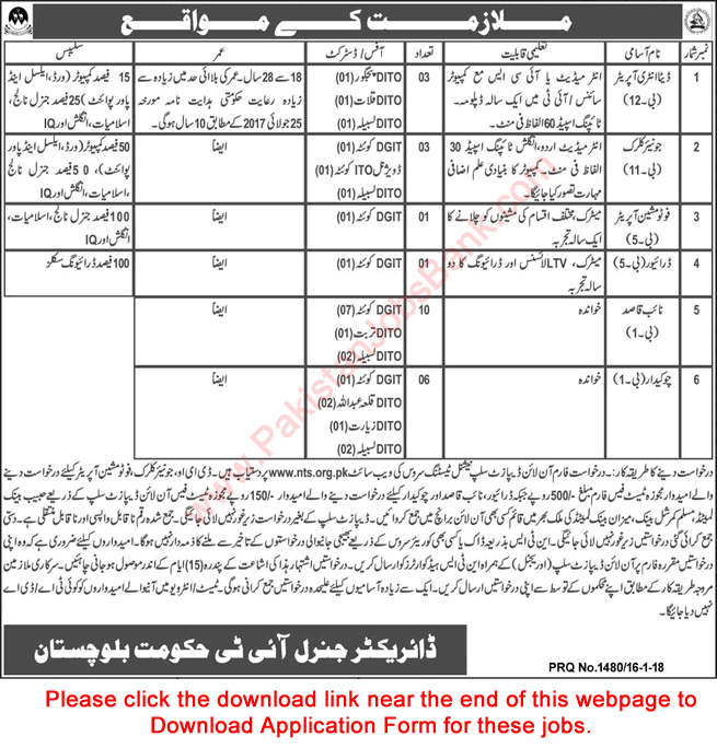 Directorate General of Information Technology Balochistan Jobs 2018 NTS Application Form Download Latest