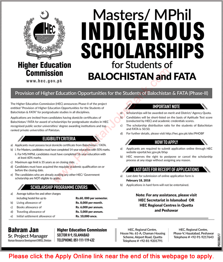 HEC Indigenous Scholarship 2018 Apply Online Masters / MPhil for Students of Balochistan & FATA Latest