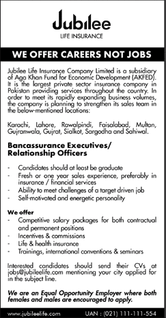 Jubilee Life Insurance Jobs 2018 January for Bancassurance Executives / Relationship Officers Latest