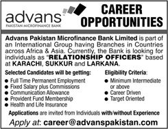 Relationship Officer Jobs in Advans Pakistan Microfinance Bank 2018 January Latest