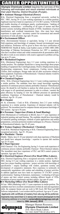 Olympia Chemicals Limited Jobs 2018 Mechanical / Chemical Engineers, Trainee Engineers & Others Latest