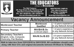 The Educators School Rawalpindi Jobs 2018 January for Teachers at The Mall & Westridge Campuses Latest