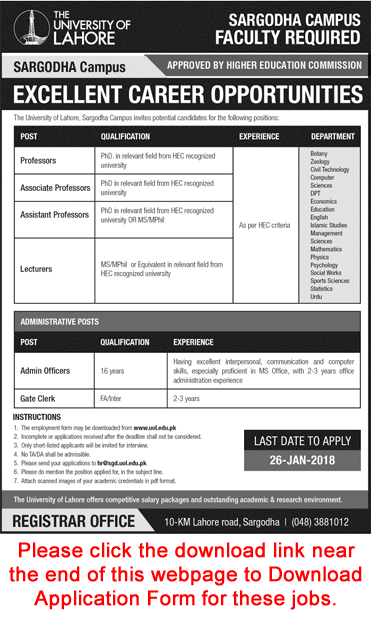 University of Lahore Sargodha Campus Jobs 2018 Application Form Teaching Faculty & Admin Staff Latest