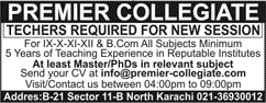Teaching Jobs in Karachi 2018 January at Premier Collegiate Latest
