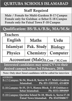 Qurtuba Schools Islamabad Jobs 2018 January Teachers & Accountants Latest