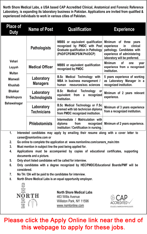 North Shore Medical Labs Pakistan Jobs 2018 February Apply Online Lab Technicians / Technologists & Others Latest