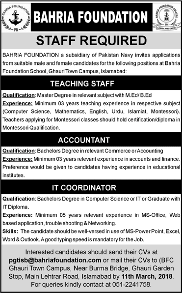 Bahria Foundation School Islamabad Jobs 2018 March Teachers, Accountant & IT Coordinator at Ghauri Town Campus Latest