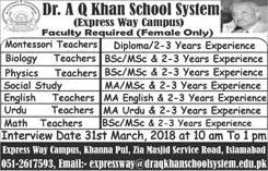Dr Abdul Qadeer Khan School System Islamabad Jobs 2018 March for Female Teachers Latest