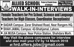 Allied Schools Lahore Jobs March 2018 Teachers, Coordinators & Receptionist Walk in Interviews Latest