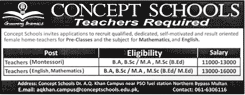 Teaching Jobs in Multan March 2018 at Concept Schools Latest