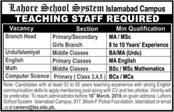 Teaching Jobs in Islamabad March 2018 at Lahore School System Latest