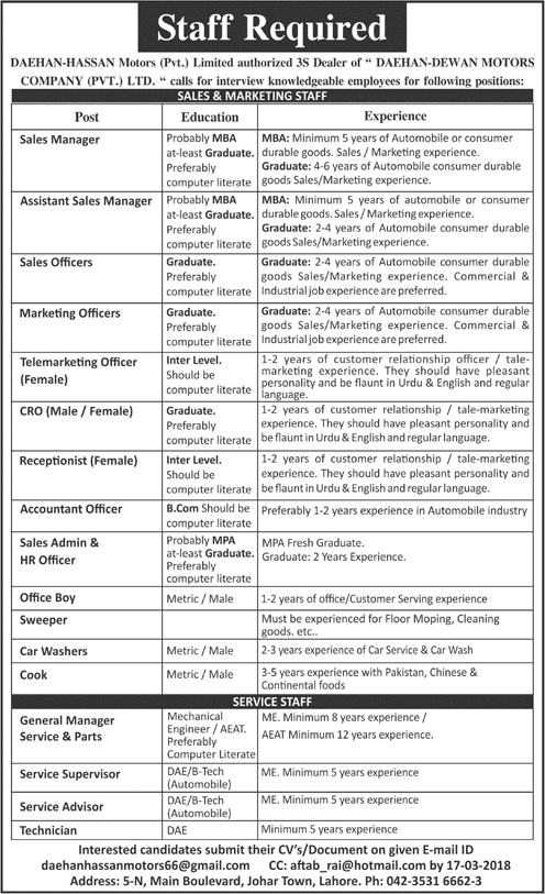 Daehan-Hassan Motors Pvt Ltd Lahore Jobs 2018 March Sales / Marketing Officers, Receptionist & Others Latest