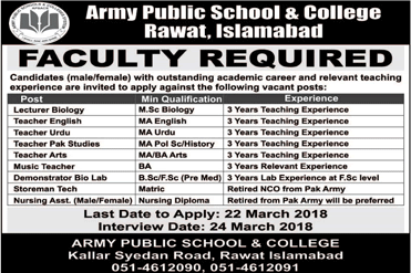 Army Public School and College Rawat Islamabad Jobs 2018 March Teachers & Others Latest