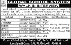 Teaching Jobs in Rawalpindi March 2018 at Global School System Walk in Interview Latest