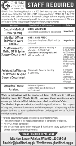 Ghurki Trust Teaching Hospital Lahore Jobs March 2018 Medial Officers, Nurses & OT Assistant Latest
