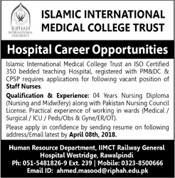 Staff Nurse Jobs in Islamic International Medical College Trust Rawalpindi 2018 March Latest