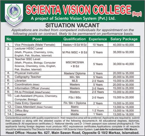Scienta Vision College Islamabad Jobs 2018 March Lecturers, Teachers, Lab Assistants & Others Latest