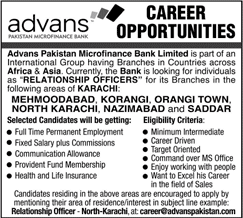 Relationship Officer Jobs in Advans Pakistan Microfinance Bank 2018 April Latest